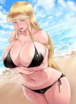  1girl akimoto_katherine_reiko bare_shoulders beach bikini black_bikini blonde_hair blue_eyes breast_hold breasts cleavage curvy huge_breasts kochikame long_hair looking_at_viewer navel ogura_anko open_mouth shiny_skin side-tie_bikini standing swimsuit thighs tongue wide_hips 