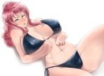 00s 1girl abs bare_shoulders bikini black_bikini blush breast_suppress breasts cleavage collarbone curvy feldt_grace green_eyes gundam gundam_00 huge_breasts long_hair looking_at_viewer lying navel ogura_anko on_back open_mouth parted_lips pink_hair ponytail side-tie_bikini swimsuit thighs white_background wide_hips