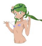  1girl 1girl bikini dark_skin flower green_eyes green_hair hair_flower hair_ornament long_hair mallow mallow_(pokemon) mao_(pokemon) ookamiuo ookamiuo_(artist) pokemon pokemon_(game) pokemon_sm purple_bikini simple_background smile swimsuit trial_captain twin_tails twitter upper_body white_background 