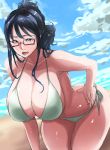 1girl bare_shoulders beach bikini black_hair blush breasts cleavage cloud collarbone curvy glasses green_bikini hand_on_hip hanging_breasts huge_breasts leaning_forward long_hair looking_at_viewer navel ogura_anko one_piece red-framed_eyewear shiny_skin short_hair side-tie_bikini sky swimsuit tashigi thick_thighs thighs wide_hips