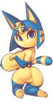 1girl animal_crossing ankha_(animal_crossing) anthro anus big_breasts big_ears blue_eyes blue_hair domestic_cat egyptian_headdress elbow_gloves feline hourglass_figure jewelry legwear looking_at_viewer nintendo plantpenetrator pussy short_hair short_tail sideboob white_background wide_hips yellow_fur