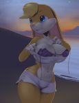 1girl 1girl anthro beach big_breasts bikini breasts clothing drakemohkami furry lagomorph lola_bunny looney_tunes mammal rabbit seaside shirt sunset swimsuit tank_top undressing warner_brothers water