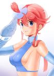 :) big_breasts covered_nipples embarrassed fuuro_(pokemon) gym_leader looking_at_viewer nipples pokemon pokemon_(game) pokemon_bw pokemon_bw2 red_hair redhead salute sideboob skyla smile sweatdrop toranoe twitter upper_body