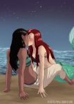 2_girls arm arms art bare_arms bare_shoulders beach black_hair blush closed_eyes cloud crossover disney kissing lilo_and_stitch long_hair love mermaid midriff multiple_girls mutual_yuri nani_pelekai night outside plastic-pipes plastic-pipes_(artist) princess_ariel red_hair sitting sky stars the_little_mermaid water yuri