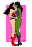 2_girls 2girls arm arms art bare_arms bare_legs bare_shoulders between_legs big_breasts black_hair boots bracelet bracer breast_press breasts cleavage closed_eyes crossover dc_comics dc_universe dcau diana_prince full_body gloves green_hair green_skin grey_boots grey_gloves hugging hulk_(series) jennifer_walters jewelry justice_league kaywest kissing legs leotard long_hair marvel marvel_comics multiple_girls mutual_yuri red_boots romantic she-hulk sleeveless sleeveless_leotard standing strapless strapless_leotard superheroine symmetrical_docking tiara wonder_woman wonder_woman_(series) yuri