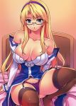  :o art bed big_breasts blue_eyes blue_hairband blush cleavage freezing_(series) glasses hairband indoors kim_kwang_hyun knee_up long_hair looking_at_viewer on_bed open_mouth panties purple_panties satellizer_el_bridget sitting stockings tagme twitter 