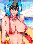 areolae areolae_slip artist_request beach big_breasts bikini cleavage collar drawing fang hair_between_eyes lucario lucarionite mega_stone ocean pokemon pokemon_xy porkyman red_bikini red_swimsuit sand swimsuit water