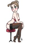  2017 alexa_(pokemon) blush bra brown_hair creatures_(company) dark_green_eyes deviantart game_freak humans_of_pokemon hurtanfarzen nintendo pansy_(pokemon) panties pokemon pokemon_(anime) pokemon_(game) pokemon_xy porkyman red_bra red_panties signature sitting smile stockings stool 