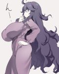  ahoge al_bhed_eyes big_breasts blue_eyes blush breasts covered_nipples cowboy_shot dress from_side frown hairband hand_on_hip hex_maniac highres huge_breasts impossible_clothes kedamono_kangoku-tou large_breasts long_hair looking_at_viewer messy_hair nail_polish nipples pale_skin pink_hairband pink_nails pokemon pokemon_(game) pokemon_xy purple_dress purple_hair thinking translated very_long_hair white_background 