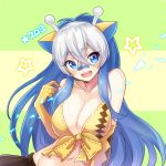  :d animal_ears antennae bandaid bandaid_on_nose big_breasts blue_eyes blue_hair cleavage girafarig groin human humanized kasuka108 looking_at_viewer midriff multicolored_hair navel pokemon smile two-tone_hair white_hair 