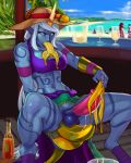  1girl aka6 anal_object_insertion banana bare_shoulders beach blue_skin bodypaint cleavage cum cum_drip cum_string full-package_futanari futanari hat horn horse_penis insertion league_of_legends midriff monster_girl navel object_insertion orange_eyes sitting soraka spread_legs stomach_bulge testicle thick_thighs thighs uncensored urethral_insertion white_hair 