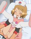 1boy 1girl aged_up alternate_costume ash_ketchum bed bed_sheet blush bottomless closed_eyes cosplay female_human hospital human human/human jitan male/female male_human no_panties nurse_joy pantyhose penis_in_pussy pillow pokemon pokemon_(anime) pokemon_xy satoshi_(pokemon) serena serena_(pokemon) sex vaginal vaginal_penetration vaginal_sex