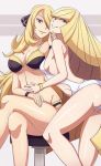  2_girls 2girls aether_foundation alluring big_breasts bikini blonde blonde_hair bracelet breasts champion cynthia deviantart hair_ornaments hair_over_one_eye long_hair looking_at_viewer lusamine milf one-piece_swimsuit pokemon pokemon_(game) pokemon_dppt pokemon_sm porkyman scott_bennett sexy shirona_(pokemon) sideboob sitting small_breasts smile stool swim_suit swimsuit very_long_hair vivivoovoo white_swimsuit wristband yuri 