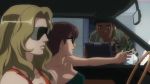  1boy 2_girls anime arm arms asobi_ni_iku_yo! bangs bare_arms bare_shoulders blonde blonde_hair breasts brown_hair car cleavage closed_mouth cockpit collarbone green_tubetop lips long_hair multiple_girls neck open_mouth parted_bangs red_tank_top short_hair sitting strapless sunglasses tank_top tubetop upper_body 