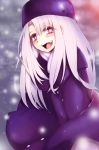  1girl blush fang fate/stay_night fate_(series) fur_hat gradient gradient_background hat high_res illyasviel_von_einzbern jacket long_hair long_skirt open_mouth purple_hat red_eyes skirt skirt_tug smile torieto ushanka white_hair wind wind_lift 