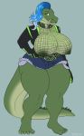 1girl 1girl anthro big_breasts breasts collar crocodile crocodilian dbd fishnet furry huge_breasts looking_at_viewer nipples reptile scalie slightly_chubby smile