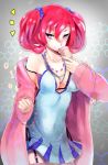 1girl bare_shoulders blue_dress bra breasts cleavage cross-laced_clothes digimon digimon_story:_cyber_sleuth dress food ice_cream licking red_hair shiramine_nokia simple_background smile standing stockings tongue torieto twin_tails underwear zettai_ryouiki