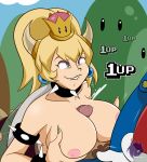  absurd_res bare_shoulders big_breasts biting_lip blue_earrings bowser bowsette choker cleavage clothed_male_nude_female collar crown cum cumshot fangs frankaraya green_lipstick green_nails green_shell grin horn horns light_skin looking_at_another looking_at_partner looking_up mario mario_bros orgasm outside paizuri pink_nipples pubic_hair sharp_teeth smile spiked_collar spiked_shell super_crown super_mario_bros. 