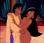 1boy 1girl aladdin aladdin_(series) bare_legs black_hair breasts brown_eyes clothed_male_nude_female disney edit nipples nude princess_jasmine pussy