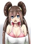  10s 1girl bare_shoulders big_breasts blue_eyes bra breasts brown_hair cleavage double_bun fang gradient gradient_background long_hair mei_(pokemon) no_hat off-shoulder_sweater open_mouth pink_bra pokemon pokemon_(game) pokemon_bw2 rosa smile sweater swimsuit swimsuit_under_clothes torieto 