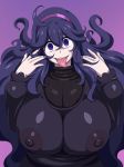 1girl @_@ big_breasts freckles hex_maniac looking_at_viewer messy_hair npc_trainer pokemon pokemon_(game) pokemon_xy porkyman purple_hair purple_nails tongue tongue_out