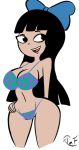 1girl artist_request big_breasts bikini black_eyes black_hair breasts curvy cute hand_behind_back hand_on_hip long_hair phineas_and_ferb polka_dot polka_dot_bikini printed_bikini raised_eyebrow signature smile stacy_hirano