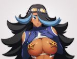  1girl big_breasts breast_suppress dark-skinned_female dark_skin eyeshadow goggles goggles_on_head grey_background hair_over_one_eye izumi_(pokemon) izumi_(pokemon)_(remake) kiki_(uxoia) lips nipples pokemon pokemon_(game) pokemon_oras shelly shirt_lift shoulder_cutout simple_background solo sweatdrop two-tone_hair upper_body 