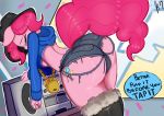 1girl 1girl 2014 anthro anthrofied ass clothing digital_media_(artwork) earth_pony english_text equine fedora friendship_is_magic fur furry hair hat horse mammal my_little_pony pink_fur pink_hair pinkie_pie_(mlp) pony presenting presenting_hindquarters somescrub text torn_clothing