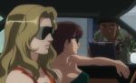  1boy 2_girls anime arm arms asobi_ni_iku_yo! bangs bare_arms bare_shoulders blonde blonde_hair breasts brown_hair car cleavage closed_mouth cockpit collarbone green_tubetop lips long_hair multiple_girls neck parted_bangs red_tank_top short_hair sitting strapless sunglasses tank_top tubetop upper_body 