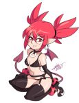  1girl anklet artist_name bigdead93 black_bra black_gloves black_legwear black_panties bra bracelet choker collar demon_girl demon_tail demon_wings disgaea earrings elbow_gloves etna full_body garter_belt garter_straps gloves high_heels high_res jewelry kneel makai_senki_disgaea mini_wings panties pointy_ears red_hair skindentation skull_earrings smile studded_bracelet tail twin_tails underwear underwear_only white_background wings 