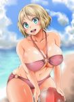 1girl adahcm ball beach beach_ball big_breasts bikini blonde_hair blue_eyes breasts clouds collarbone day light-skinned_female light_skin looking_at_viewer navel o-ring pink_bikini pokemon pokemon_(anime) pokemon_xy serena_(pokemon) shiny shiny_skin skindentation sky smile teeth thick thick_thighs thighs