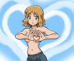  bare_shoulders blonde blonde_hair blue_background blue_eyes cover_up covering_breasts cute gradient_background heart-shaped_boob_challenge heart_background heart_hands looking_at_viewer medium_breasts navel no_bra no_shirt pokemon pokemon_(anime) pokemon_xy porkyman serena serena_(pokemon) short_hair stomach topless 