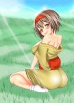 1girl adahcm ass bare_shoulders big_breasts blush breasts brown_eyes brown_hair erika_(pokemon) from_behind grass gym_leader hairband japanese_clothes light_smile looking_at_viewer off_shoulder pokemon shiny shiny_skin short_hair sitting smile socks wariza