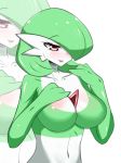 1girl blush cleavage gardevoir green_hair hair_over_one_eye hand_on_chest navel no_humans open_mouth pokemon pokemon_(creature) red_eyes sana!rpg shiny shiny_skin simple_background solo white_background