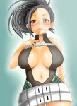 1girl adahcm alternate_costume bare_shoulders black_hair blush boku_no_hero_academia center_opening cleavage gradient_background looking_at_viewer momo_yaoyorozu my_hero_academia navel parted_lips shiny shiny_skin standing teeth yaoyorozu_momo yellow_eyes