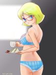  1girl 1hand1cup 2014 ass blonde blonde_hair blue_bra blue_eyes blue_panties bra cup dated food fruit glasses gundam looking_at_viewer looking_back medium_breasts mobile_suit_gundam panties sandwich sayla_mass sideboob solo strawberry underwear 