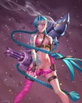 1girl bare_shoulders blue_hair braid breasts bullet embers erotibot fingerless_gloves gatling_gun gloves grin gun high_res jewelry jinx_(league_of_legends) league_of_legends long_hair minigun navel necklace nipple_slip nipples no_panties open_fly pink_eyes pink_legwear pussy rocket_launcher shiny shiny_skin short_shorts shorts shorts_pull signature single_thighhigh skindentation small_breasts smile smoke steam stockings sweat tape tattoo twin_braids twin_tails uncensored very_long_hair weapon