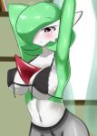 1girl armpit arms_up black_bra blush bra cleavage erect_nipples furry gardevoir green_hair hair_over_one_eye lace-trimmed_bra legwear lingerie navel no_humans pantyhose pokemon pokemon_(creature) red_eyes sana!rpg shiny shiny_skin under_boob undressing window