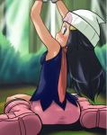 arms_up ass clothed dawn gif hikari_(pokemon) looking_back nude panties pokemon pokemon_(anime) porkyman sitting topless white_panties