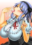 1girl @_@ adahcm blue_eyes blue_hair blush dagashi_kashi gradient_background looking_at_viewer open_mouth sexually_suggestive shidare_hotaru tongue tongue_out