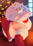 1girl 1girl anthro belly big_breasts breasts canid canine christmas clothing curvy_figure digital_creature fox furry genitals higgyy high_res holidays legwear mammal negligee nipples pussy slightly_chubby stockings thick_thighs voluptuous wide_hips