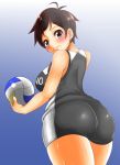  10s 1girl adahcm ahoge ass bad_anatomy bad_proportions ball bare_shoulders big_breasts black_eyes black_hair blush breasts brown_hair from_behind grey_eyes haikyuu!! high_res huge_ass looking_at_viewer looking_down michimiya_yui shiny shiny_clothes shiny_skin short_hair sideboob sportswear standing volleyball volleyball_uniform wavy_mouth 