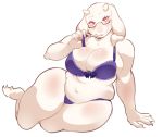 1girl 2d 2d_(artwork) anthro audruwu belly big_breasts boss_monster bovid bra breasts caprine cleavage clothing curvy_figure eyewear fur furry glasses high_res horn love_handles mammal panties red_eyes slightly_chubby thighs toriel undertale undertale_(series) underwear video_games voluptuous white_background white_body white_fur