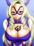 1boy 1girl adahcm blonde_hair blush bodysuit boku_no_hero_academia character_request cleavage cleavage_cutout domino_mask long_hair looking_at_viewer mount_lady my_hero_academia red_eyes smile solo_focus