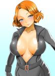 1girl adahcm avengers big_breasts black_bodysuit black_widow blue_eyes blush bodysuit breasts cleavage gradient_background marvel orange_hair shiny shiny_skin short_hair standing unzipped zipper