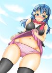 1girl adahcm blue_eyes blue_hair blush clothed dawn dawn_(pokemon) female female_human female_only hikari_(pokemon) human legwear long_hair navel panties pantyshot pink_panties pokemon shiny shiny_skin skindentation skirt skirt_lift skirt_lifted_by_self sky standing stockings thigh_gap thighs underwear