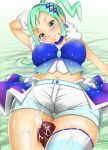 1boy 1girl adahcm asymmetrical_clothes blush cum cum_on_thighs ejaculation green_eyes green_hair lisia lucia_(pokemon) lying midriff navel on_back penis pokemon pokemon_(game) pokemon_oras short_shorts skindentation smile solo_focus stockings thigh_sex thighs uncensored