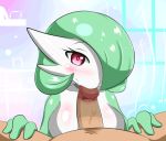 1boy 1girl big_breasts blush breasts cleavage dark-skinned_male dark_skin erection fellatio gardevoir gif gif green_hair hair_over_one_eye legs_held_open lying on_back oral penis pokemon pokemon_(creature) pokemon_rse pov pov_eye_contact red_eyes sana!rpg shiny_skin short_hair simple_background spread_legs thigh_grab uncensored veins veiny_penis window