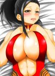 1girl adahcm bare_shoulders black_hair blush boku_no_hero_academia brown_eyes center_opening looking_at_viewer lying momo_yaoyorozu my_hero_academia navel on_back open_mouth shiny shiny_skin sweat_drop yaoyorozu_momo