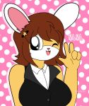  1girl anthro big_breasts brown_hair bunny_ears bunny_gif furry grey_eyes nana_(pretty_blood) pretty_blood v wink 